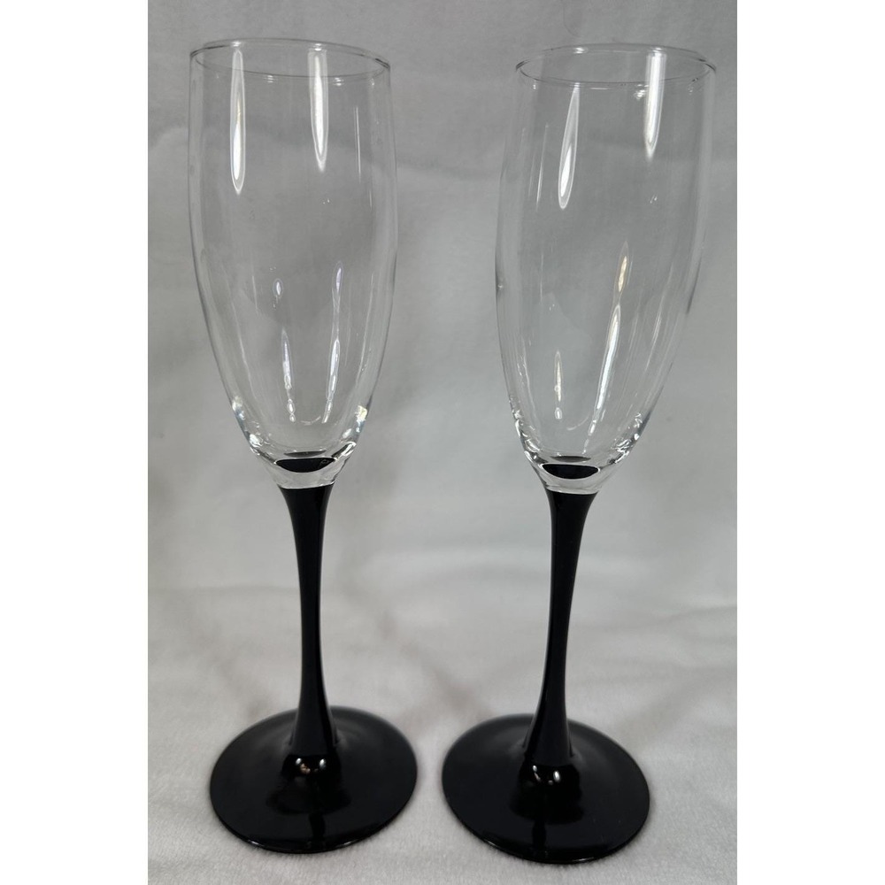 Luminarc France Domino Black‎ Stem Champagne Glasses Cristal D'Arques Set Of 2